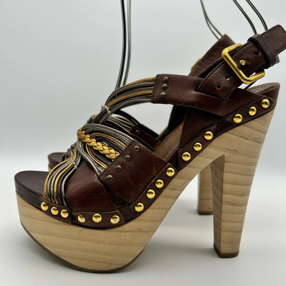 Miu Miu 36 Heel Sling Clog Wedge Platform Stud Brown Leather Wood Y2k boho tall - Picture 5 of 15